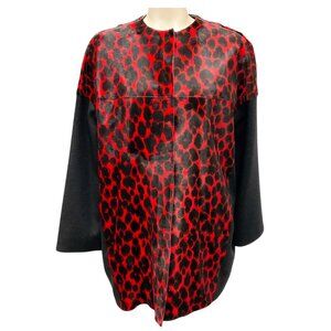 Longchamp Red / Black Leopard Print Calf Hair and Wool Coat